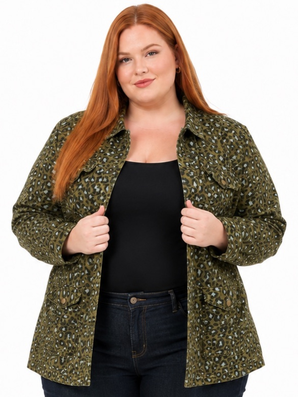 Forever 21+ 3X Olive Leopard Print Utility Military Field Jacket Plus Size